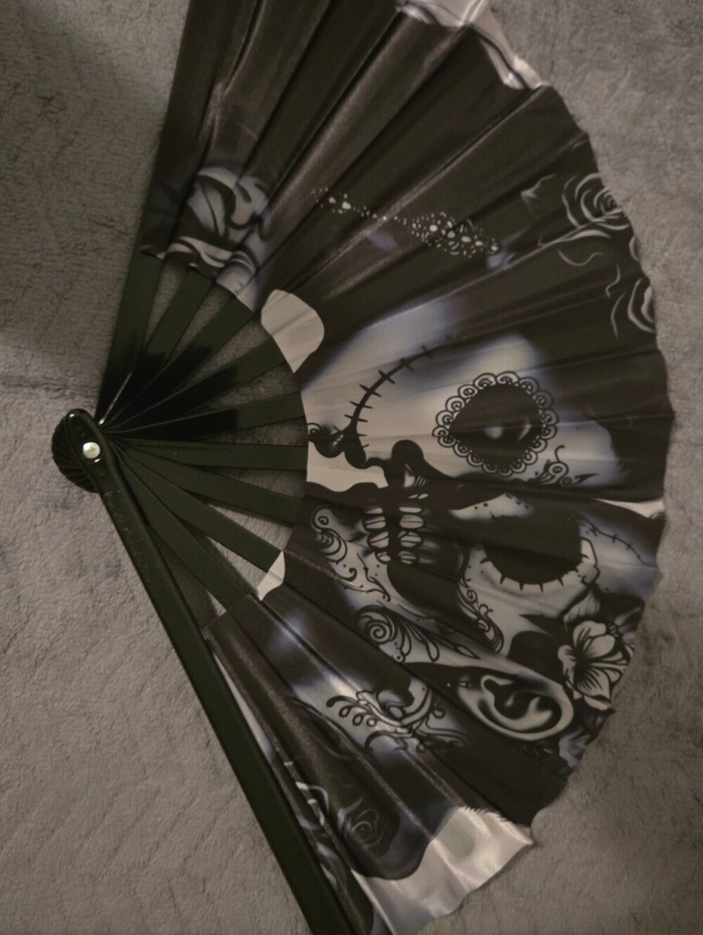 Black Folding Hand Fan with Sugar Skull Design - Day of the Dead Style